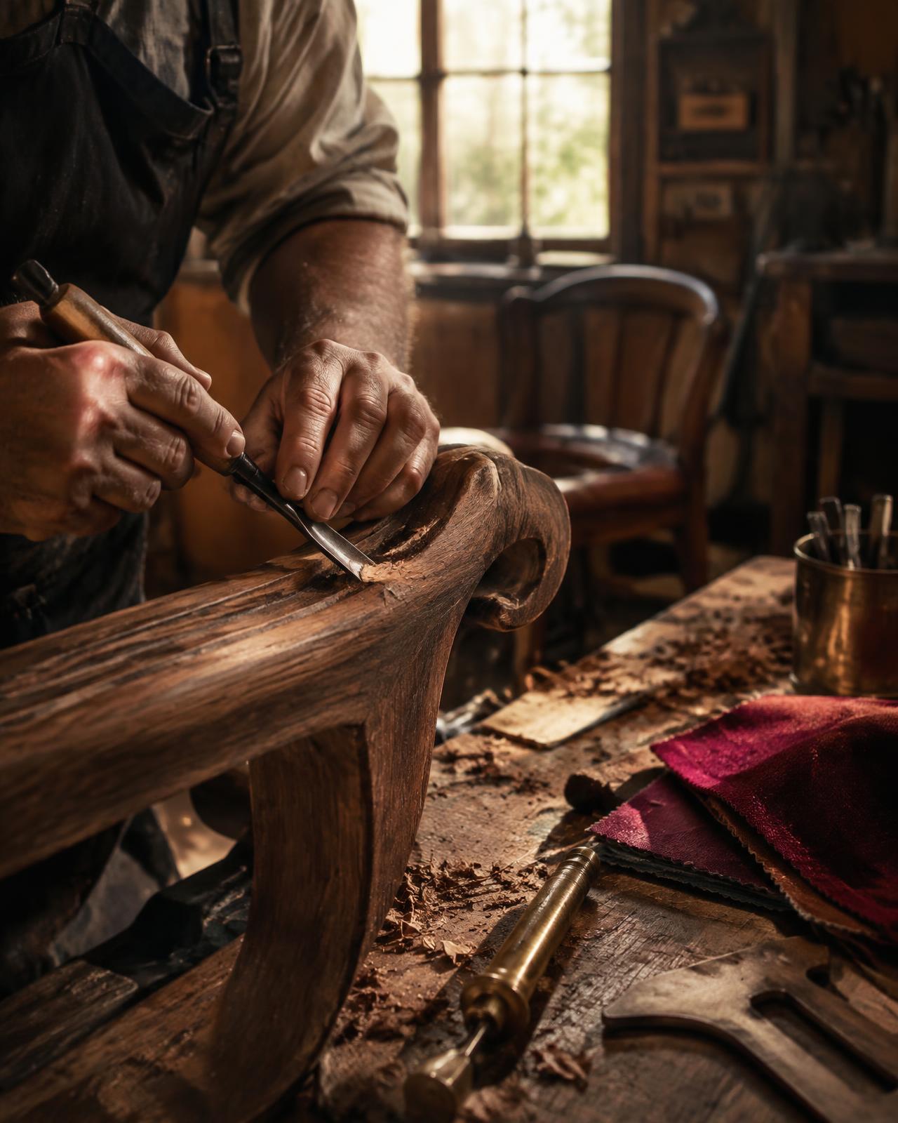 Artisan carving a walnut chair arm by hand in the Naserian atelier