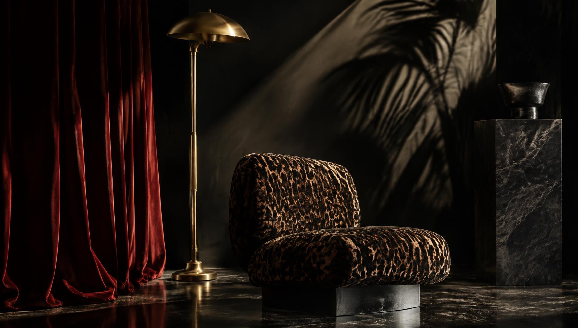 Leopard-velvet sculptural chair beside oxblood drapery and an antique brass lamp in a black stone room