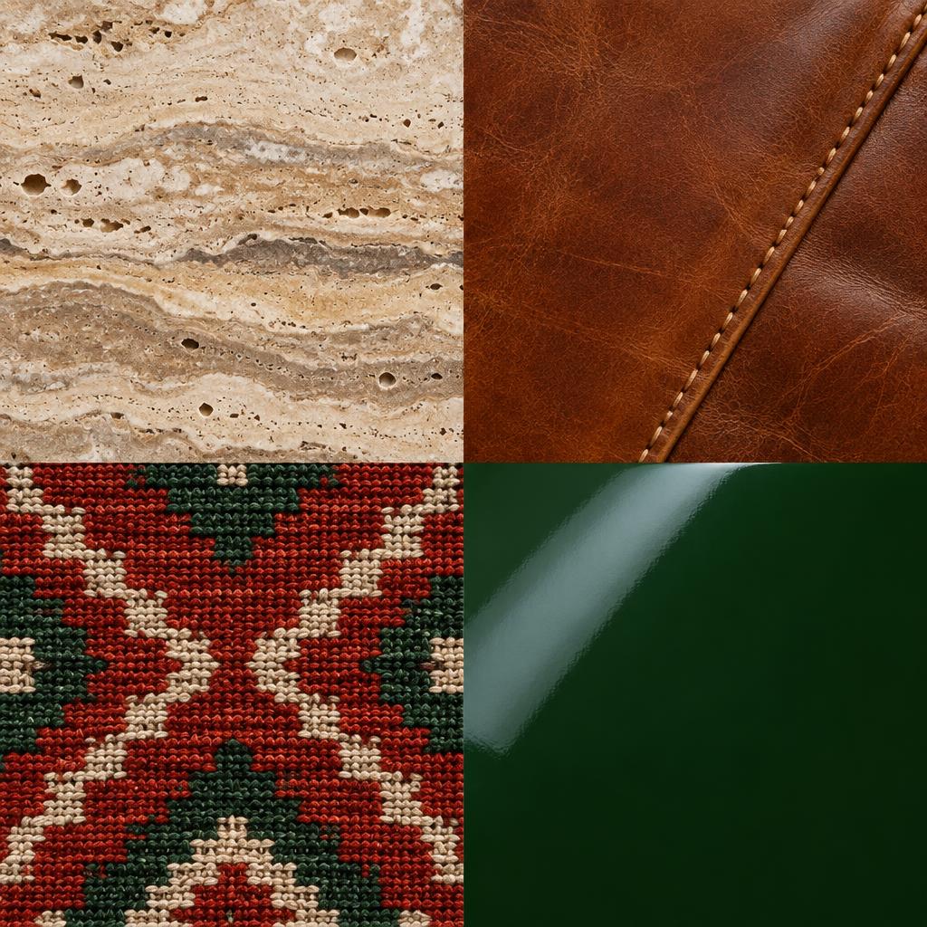 Detail · Travertine & aged leather